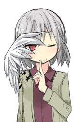 Rule 34 | 1girl, finger to mouth, grey hair, highres, kishin sagume, ladfa, one eye closed, red eyes, single wing, smile, solo, touhou, wings