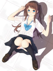 Rule 34 | 1girl, blue eyes, blush, bow, bowtie, breasts, brown hair, burenbo, burenbo-chan, cleavage, highres, long hair, lying, medium breasts, on back, open clothes, open shirt, panties, school uniform, shirt, solo, thighs, twintails, underwear, wavy mouth, white panties