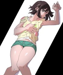 Rule 34 | 1girl, ankea (a-ramo-do), arm up, brown eyes, brown hair, collarbone, creatures (company), female focus, flat chest, game freak, green shorts, hand up, highres, knees together feet apart, looking at viewer, lying, matching hair/eyes, midriff peek, navel, nintendo, on back, pokemon, pokemon sm, selene (pokemon), shiny skin, shirt, short hair, short shorts, short sleeves, shorts, simple background, solo, tied shirt, two-tone background, undershirt, white background, yellow shirt