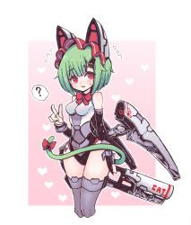 Rule 34 | 1girl, ?, animal ears, armor, artery gear, artery gear: fusion, bare shoulders, blush, bow, bowtie, breasts, cat ears, cat tail, gradient background, green hair, gun, hair flaps, hair ornament, hairclip, heart, highres, holding, holding gun, holding weapon, impossible clothes, kuro (kuroi-nanika), leotard, looking at viewer, mecha musume, mechanical ears, mechanical wings, meko (artery gear), open mouth, red bow, red bowtie, red eyes, ribbon, short hair, small breasts, solo, spoken question mark, sweatdrop, tail, tail bow, tail ornament, thighhighs, thighs, v, weapon, wings
