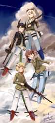 Rule 34 | 4girls, animal ears, artist name, blonde hair, blowing bubbles, blue eyes, bomber jacket, brown hair, browning m1919, browning m2, carla j. luksic, chewing gum, cloud, cloudy sky, dated, dominica s. gentile, drum magazine, flying, francie gerard, goggles, goggles on head, green eyes, gun, gun sling, head wings, heavy machine gun, highres, jacket, jane t. godfrey, kanokoga, leather, leather jacket, long hair, looking at viewer, machine gun, magazine (weapon), medium machine gun, military, military uniform, multiple girls, necktie, no pants, noble witches, purple eyes, short hair, sky, smile, strike witches, strike witches: katayoku no majo-tachi, strike witches: kurenai no majo-tachi, striker unit, submachine gun, tail, they&#039;re not panties, thompson submachine gun, twintails, uniform, weapon, wings, world witches series