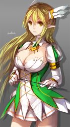 Rule 34 | 1girl, arrow (projectile), artist name, bad id, bad pixiv id, blonde hair, breasts, cleavage, detached collar, elf, elsword, gloves, grand archer (elsword), hair ornament, holding, large breasts, long hair, long sleeves, looking at viewer, pleated skirt, pointy ears, puffy long sleeves, puffy sleeves, rena erindel, simple background, skirt, smile, solo, swd3e2, white gloves, wind, yellow eyes