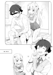 Rule 34 | 1boy, 1girl, :&lt;, bad id, bad twitter id, bar censor, barefoot, bath stool, bathing, bathroom, brother and sister, censored, closed eyes, comic, crossed arms, disgust, empty eyes, eromanga sensei, greyscale, hand to own mouth, heart, highres, imagining, inactive account, izumi masamune, izumi sagiri, kneeling, kuromoto-kun (rina masimaro), long hair, mixed-sex bathing, monochrome, naked towel, necktie, nude, one-piece swimsuit, open mouth, pointless censoring, ponytail, school swimsuit, school uniform, self hug, shared bathing, shirt, short hair, siblings, silent comic, sitting, smile, soap bubbles, stool, sweater vest, swimsuit, towel, translation request, washing back, water, wet