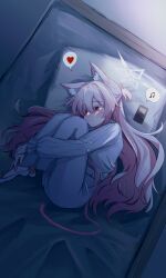 Rule 34 | 1girl, 4jiri, akira (blue archive), animal ear fluff, animal ears, beamed eighth notes, bed, bed sheet, blue archive, blush, cat ears, cat tail, closed mouth, hair between eyes, halo, heart, highres, jacket, long hair, lying, musical note, on side, pants, pillow, pink hair, red eyes, solo, spoken heart, tail, white jacket, white pants