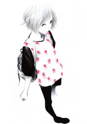 Rule 34 | 1girl, backpack, bag, black pantyhose, foreshortening, from above, full body, monochrome, pantyhose, pantyhose under shorts, short hair, shorts, simple background, skull and crossbones, smile, solo, sousou (sousouworks), spot color, white background