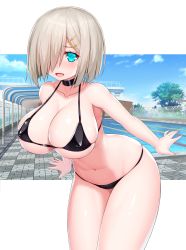 Rule 34 | 1girl, absurdres, asamura hiori, bare shoulders, bikini, black bikini, blonde hair, blue eyes, breasts, choker, cleavage, collarbone, covered erect nipples, curvy, day, fang, hair over one eye, hamakaze (kancolle), highres, huge breasts, kantai collection, looking at viewer, md5 mismatch, medium hair, navel, open mouth, outdoors, pool, shiny skin, short hair, skindentation, smile, solo, swimsuit, tree, water, wide hips