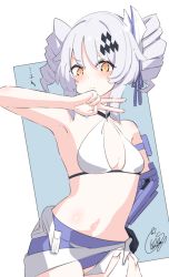 Rule 34 | 1girl, armpits, bare arms, bare shoulders, beni shake, bikini, blue background, blush, breasts, closed mouth, commentary request, cowboy shot, drill hair, grey hair, hair ornament, hand up, karenina (punishing: gray raven), looking at viewer, orange eyes, punishing: gray raven, signature, small breasts, solo, swimsuit, twin drills, twintails, two-tone background, v, wavy mouth, white background, white bikini