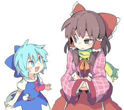 Rule 34 | 2girls, :d, ascot, blue bow, blue dress, blue eyes, blue hair, blush, bow, brown eyes, brown hair, cirno, coat, dress, hair between eyes, hair bow, hair tubes, hakurei reimu, looking at another, looking up, moyazou (kitaguni moyashi seizoujo), multiple girls, open mouth, pink coat, puffy short sleeves, puffy sleeves, red ascot, red bow, red skirt, scarf, short hair, short sleeves, sidelocks, skirt, smile, snowman, touhou, uneven eyes, upper body, v-shaped eyebrows, white background, wide sleeves, yellow ascot, yellow scarf