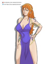 Rule 34 | alternate costume, bracelet, breasts, brown eyes, cleavage, dress, highres, jewelry, large breasts, long hair, nami (one piece), nami (one piece) (post-timeskip), nami (one piece) (zou), official alternate costume, one piece, orange hair, revealing clothes, short dress, solo, tattoo, thighs, very long hair, weirddoddle, wide hips