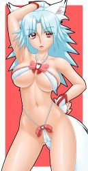 Rule 34 | 1girl, absurdres, animal ears, areola slip, armpits, bikini, blue hair, breasts, cameltoe, collarbone, delica, fingerless gloves, fox ears, fox tail, gloves, halterneck, hand on own hip, highres, large breasts, long hair, navel, original, parted lips, red eyes, shiny skin, skindentation, solo, swimsuit, tail, white bikini, white gloves