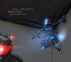 Rule 34 | 1girl, animification, assault visor, breasts, cable, glowing, grey scarf, gun, helmet, holding, holding gun, holding weapon, humanoid robot, kotone a, medium breasts, pilot (titanfall 2), pulse blade pilot (titanfall 2), r-97 smg, robot, scarf, solo focus, stim pilot (titanfall 2), submachine gun, thrusters, titanfall (series), titanfall 2, translation request, weapon