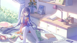 Rule 34 | 1girl, absurdres, ahoge, bad id, bad pixiv id, bare shoulders, bed, book, collarbone, drawer, dress, drink, drinking, figure, flower, food, graphite (medium), heart, highres, lamp, long hair, looking at viewer, mirror, pale skin, pen, pillow, pocky, purple hair, room, shelf, sitting, sketch, sleeveless, solo, stuffed animal, stuffed frog, stuffed toy, sweets, thighhighs, traditional media, very long hair, vocaloid, window, xingchen, yue yue