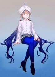 Rule 34 | 1boy, arm support, asa tuki 893, belt, belt pouch, black footwear, blue background, blue eyes, blue hair, blue pantyhose, blunt bangs, captain nemo (fate), closed mouth, crossed legs, fate/grand order, fate (series), full body, gradient background, gradient hair, hair flowing over, hand on own knee, hat feather, head tilt, high heels, highres, invisible chair, jacket, long hair, long sleeves, looking at viewer, male focus, multicolored hair, nemo (fate), pantyhose, pantyhose under shorts, pouch, shorts, sitting, smile, solo, turban, very long hair, white headwear, white jacket