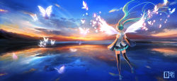 Rule 34 | 1girl, boots, bug, butterfly, d-zhai, detached sleeves, floating, green hair, hatsune miku, insect, long hair, ripples, sky, solo, sunset, thigh boots, thighhighs, twintails, very long hair, vocaloid, water, wings