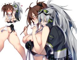 Rule 34 | 2girls, ^^^, aek-999 (girls&#039; frontline), apron, ass, ass grab, blush, breasts, brown hair, curvy, deathalice, embarrassed, female commander (girls&#039; frontline), fingering, girls&#039; frontline, goggles, goggles on head, grey hair, groping, headphones, huge breasts, multiple girls, naked apron, nipples, ponytail, pussy, simple background, tagme, thighs, uncensored, white background, yuri