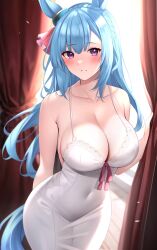 Rule 34 | 1girl, absurdres, animal ears, bare arms, blue hair, blush, braid, breasts, cleavage, collarbone, commentary request, covered navel, curtain grab, curtains, dress, hair between eyes, hair ornament, highres, horse ears, horse girl, horse tail, indoors, large breasts, looking at viewer, mejiro ardan (umamusume), parted lips, purple eyes, smile, solo, standing, tail, umamusume, white dress, window, zeatto