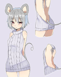 Rule 34 | 1girl, abe suke, animal ears, arms behind back, backless dress, backless outfit, bare back, bare shoulders, cowboy shot, cropped legs, dress, grey hair, grey sweater, looking at viewer, meme attire, mouse ears, mouse tail, multiple views, naked sweater, nazrin, nazrin (touhou), red eyes, ribbed sweater, short hair, simple background, sweater, sweater dress, tail, touhou, turtleneck, turtleneck sweater, virgin killer sweater