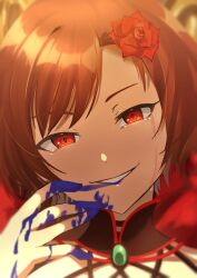 Rule 34 | 1girl, ak 110526, banica conchita, black choker, blood, blood in mouth, blood on hands, blue blood, blurry, blurry background, brooch, brown hair, choker, close-up, crying, crying with eyes open, detached collar, drug of gold (vocaloid), evil smile, evillious nendaiki, false smile, flower, grin, hair flower, hair ornament, head tilt, highres, jewelry, looking at viewer, meiko (vocaloid), off shoulder, orange eyes, project sekai, red eyes, red flower, red rose, rose, short hair, single tear, smile, streaming tears, tearing up, tears, throne, vocaloid