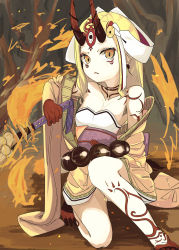 Rule 34 | 1girl, absurdres, bare shoulders, blonde hair, claws, earrings, fate/grand order, fate (series), female focus, fire, floral print, highres, horns, ibaraki douji (fate), japanese clothes, jewelry, kimono, long hair, looking at viewer, monster girl, off shoulder, oni, oni horns, pointy ears, short kimono, solo, tattoo, wide sleeves, yamaomoteirineko, yellow eyes, yellow kimono