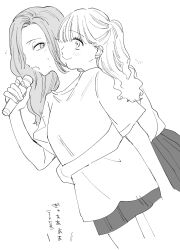 2girls 6noseenji absurdres closed_mouth commentary_request ear_piercing greyscale highres holding holding_microphone hug hug_from_behind long_hair microphone monochrome multiple_girls music open_mouth original piercing pleated_skirt ponytail shirt short_sleeves singing skirt smile sweat translation_request yuri