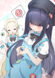 Rule 34 | 2girls, alternate costume, angel&#039;s 24 uniform (blue archive), apron, beret, black bow, black bowtie, black headwear, blonde hair, blue apron, blue archive, blue hair, blue halo, blush, bow, bowtie, closed eyes, closed mouth, collared shirt, dark blue hair, emoji, flying sweatdrops, forehead, hair over eyes, halo, hat, heart, highres, justice task force member (blue archive), long hair, multiple girls, name tag, open mouth, own hands together, pleading face emoji, polo shirt, red eyes, red halo, shirt, short sleeves, simple background, sora (blue archive), spoken expression, white background, white shirt, yucblossom