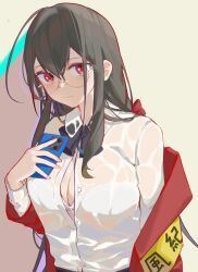 Rule 34 | 1girl, ahoge, armband, azur lane, black bow, bow, bra, bra visible through clothes, breasts, cellphone, cleavage, collared shirt, crossed bangs, huge ahoge, jacket, kylin 47, large breasts, long hair, long sleeves, official alternate costume, partially unbuttoned, phone, red eyes, red jacket, round eyewear, see-through, shirt, simple background, smartphone, solo, taihou (azur lane), taihou (sweet time after school) (azur lane), underwear, upper body, very long hair, wet, wet clothes, wet shirt, white bra, white shirt, yellow armband