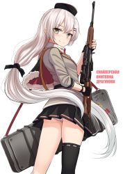 Rule 34 | 1girl, asymmetrical legwear, black cape, black gloves, black skirt, black thighhighs, breasts, brown panties, cape, closed mouth, commentary request, cowboy shot, dragunov svd, fingerless gloves, fur-trimmed cape, fur trim, girls&#039; frontline, gloves, green eyes, grey shirt, gun, hair between eyes, hair ornament, hair ribbon, hairclip, hat, highres, holding, holding gun, holding weapon, long hair, looking at viewer, looking back, multicolored cape, multicolored clothes, panties, pleated skirt, red cape, ribbon, ribbon-trimmed legwear, ribbon trim, rifle, russian text, scope, shirt, silver hair, single thighhigh, skirt, smile, sniper rifle, solo, standing, svd (girls&#039; frontline), thighhighs, title, translated, twintails, underwear, uneven legwear, very long hair, weapon, white background, yakob labo