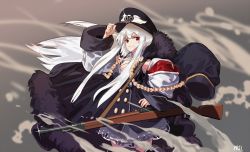 Rule 34 | 1girl, absurdres, aiguillette, black coat, black hat, black jacket, blurry, blurry background, bolt action, buttons, closed mouth, coat, coat on shoulders, cowboy shot, double-breasted, fur-trimmed coat, fur trim, girls&#039; frontline, glint, grey hair, gun, gun sling, hand on headwear, hand on own hip, hand up, hat, highres, jacket, kar98k (girls&#039; frontline), long hair, long sleeves, looking at viewer, mauser 98, peaked cap, prossss, red eyes, rifle, signature, solo, weapon