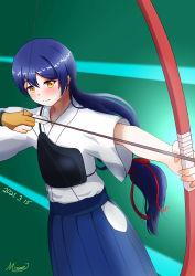 Rule 34 | 1girl, absurdres, archery, arrow (projectile), artist name, artist request, blue hair, blue hakama, blush, bow (weapon), breasts, collarbone, female focus, gloves, green background, hair between eyes, hakama, hakama short skirt, hakama skirt, highres, holding, holding arrow, holding bow (weapon), holding weapon, japanese clothes, kimono, kyuudou, long hair, long sleeves, looking at viewer, love live!, love live! school idol festival, love live! school idol project, mizunoe illust, muneate, parted lips, partially fingerless gloves, partly fingerless gloves, single glove, skirt, smile, solo, sonoda umi, weapon, white kimono, yellow eyes, yugake