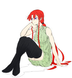 Rule 34 | 1girl, arm support, blue eyes, blush, braid, breasts, casual, contemporary, crossed legs, female focus, hair ornament, hairclip, head rest, hong meiling, large breasts, long hair, niwatazumi, no headwear, no headwear, ponytail, red hair, ribbed sweater, side braid, sitting, smile, solo, sweater, thighhighs, touhou, twin braids, very long hair, zettai ryouiki