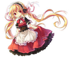 Rule 34 | 1girl, apron, blonde hair, colorized, dress, hair ribbon, long hair, looking at viewer, maid headdress, original, puffy sleeves, red dress, red eyes, ribbon, sash, shirt, short sleeves, simple background, solo, twintails, very long hair, waist apron, white background, yui (daijun)