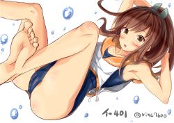 Rule 34 | 10s, 1girl, armpits, bare legs, bare shoulders, barefoot, blue one-piece swimsuit, blush, brown eyes, brown hair, camel clutch, cameltoe, feet, hair ornament, i-401 (kancolle), ichikawa feesu, kantai collection, one-piece swimsuit, open mouth, ponytail, soles, solo, swimsuit, toes