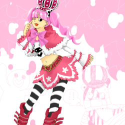 Rule 34 | 1girl, bear, belt, capelet, crown, female focus, ghost, one piece, patterned legwear, perona, pink hair, skirt, solo, striped legwear, tongue, twintails, two-tone stripes