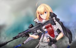 Rule 34 | 1girl, acr (girls&#039; frontline), adaptive combat rifle, ahoge, assault rifle, blonde hair, blue eyes, character name, fingerless gloves, girls&#039; frontline, gloves, gun, hair ornament, haonfest, holding, holding gun, holding magazine (weapon), holding weapon, jacket, left-handed, long hair, looking at viewer, magazine (weapon), reloading, rifle, simple background, solo, suppressor, weapon