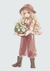 Rule 34 | 1girl, :d, absurdres, alternate costume, black footwear, blonde hair, blue background, boots, bow, braid, brown hat, c (artist), collared shirt, commentary request, daisy, flower, flower basket, full body, hair bow, hair ribbon, hat, highres, hugging object, kirisame marisa, long hair, long sleeves, looking at viewer, open mouth, orange bow, orange eyes, overalls, puffy long sleeves, puffy sleeves, ribbon, round teeth, shirt, side braid, simple background, single braid, smile, solo, suspenders, teeth, touhou, tress ribbon, wavy hair, white flower, white shirt