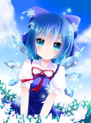 Rule 34 | 1girl, blue dress, blue eyes, blue hair, blue theme, blush, bow, cirno, dress, field, flower, flower field, hair bow, ice, ice wings, looking at viewer, matching hair/eyes, murasaki-neko, murasaki (murasakiiro no yoru), puffy sleeves, short hair, short sleeves, smile, snowflakes, solo, touhou, v arms, wings