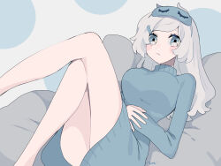 Rule 34 | 1girl, bare legs, blue background, blue eyes, blue sweater, blush stickers, breasts, closed mouth, crossed legs, dress, expressionless, feet out of frame, hair ornament, hairclip, highres, large breasts, long hair, long sleeves, looking at viewer, lying, maco22, mask, mask on head, original, sleep mask, solo, sweater, thighs, turtleneck, white hair