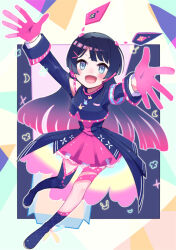 Rule 34 | 1girl, :d, black dress, black hair, black jacket, black socks, black thighhighs, blush, clothing cutout, cropped jacket, dress, full body, gloves, hair ornament, hair spread out, hairpin, jacket, kneehighs, legs apart, long hair, looking at viewer, nijisanji, open mouth, outstretched arms, pink dress, pink gloves, pink hair, pleated dress, shoulder cutout, sidelocks, single sock, single thighhigh, smile, socks, solo, sou (tuhut), straight hair, thighhighs, tsukino mito, virtual youtuber