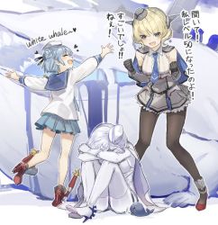 Rule 34 | 3girls, abyssal pacific princess, abyssal ship, animal, black legwear, blonde hair, blood, blue eyes, blue hair, blue whale, blush, breasts, cape, capelet, clenched hands, closed eyes, colorado (kancolle), colored skin, double bun, dress, garrison cap, gloves, hair bun, hat, headgear, heart, kantai collection, long sleeves, multiple girls, open mouth, pantyhose, pleated skirt, ribbon, samuel b. roberts (kancolle), school uniform, serafuku, short hair, sitting, skirt, standing, teeth, translation request, whale, white hair, white skin, yamashichi (mtseven)