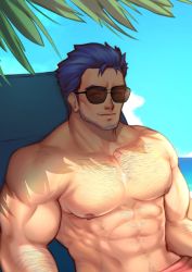 Rule 34 | 1boy, abs, aged up, alex (cerealex), bara, beach, beard, blue eyes, blue hair, chest hair, close-up, facial hair, fire emblem, fire emblem heroes, hector (fire emblem), highres, large pectorals, looking at viewer, male focus, manly, muscular, nintendo, nipples, pectorals, smile, solo, summer, sunglasses, topless male