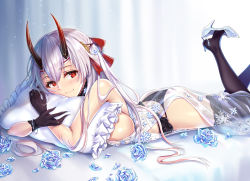 Rule 34 | 1girl, artoria pendragon (fate), artoria pendragon (lancer alter) (fate), artoria pendragon (lancer alter) (fate) (cosplay), artoria pendragon (lancer alter) (royal icing) (fate), artoria pendragon (lancer alter) (royal icing) (fate) (cosplay), ass, bare shoulders, black gloves, black panties, black thighhighs, blush, breasts, butt crack, choker, closed mouth, cosplay, fate/grand order, fate (series), garter belt, gloves, hair between eyes, hair ribbon, high heels, horns, large breasts, leg up, long hair, looking at viewer, lying, hugging object, official alternate costume, on stomach, oni horns, panties, pillow, pillow hug, red eyes, red ribbon, ribbon, see-through, silver hair, smile, snowflake print, solo, thighhighs, thighs, tomoe gozen (fate), underwear, yuemanhuaikong