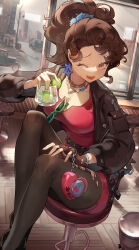 Rule 34 | 1girl, ;d, absurdres, ankle boots, bar (place), bar stool, belt, black footwear, black pantyhose, blue scrunchie, boots, breasts, brown belt, brown gloves, brown hair, brown jacket, chang zhao xiao quan, city, cleavage, counter, cup, day, desert flannel, dress, drink, drinking glass, drinking straw, earrings, eyewear hang, fang, feet out of frame, fingerless gloves, food, fruit, furrowed brow, gloves, green-framed eyewear, hand on own thigh, handheld game console, highres, holding, holding cup, holding drink, holding handheld game console, ice, ice cube, indoors, jacket, jewelry, leather, leather jacket, lime (fruit), lime slice, long sleeves, looking at viewer, medium breasts, medium hair, necklace, on stool, one eye closed, open mouth, pantyhose, pencil dress, pink dress, ponytail, red eyes, reverse:1999, scrunchie, shell, shell necklace, single earring, single glove, sitting, skin fang, smile, solo, star (symbol), star earrings, stool, sunglasses, sweat, torn clothes, torn pantyhose, trash can, unworn eyewear, window, wooden floor