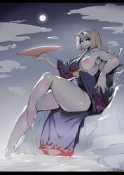 Rule 34 | 1girl, absurdres, anchors (mono eye os), bare legs, bare shoulders, blonde hair, blush, breasts, breasts out, cup, curvy, full moon, grin, highres, horns, hoshiguma yuugi, japanese clothes, kimono, large breasts, letterboxed, long hair, looking at viewer, moon, night, night sky, nipples, one breast out, pointy ears, red eyes, sakazuki, signature, single horn, sitting, sky, smile, solo, thick thighs, thighs, touhou, wide hips