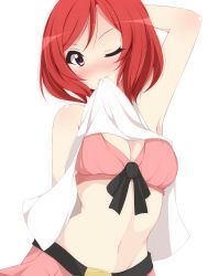 Rule 34 | 10s, 1girl, armpits, breasts, chimunge, cleavage, clothes lift, looking at viewer, love live!, love live! school idol project, midriff, mouth hold, navel, nishikino maki, one eye closed, purple eyes, red hair, sexually suggestive, shirt lift, short hair, simple background, solo