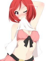 10s 1girl armpits breasts chimunge cleavage clothes_lift female_focus looking_at_viewer love_live! love_live!_school_idol_project midriff mouth_hold navel nishikino_maki one_eye_closed purple_eyes red_hair sexually_suggestive shirt_lift short_hair simple_background solo