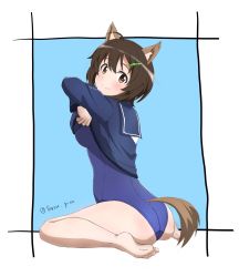 Rule 34 | 1girl, ass, bad id, blush, brave witches, breasts, brown eyes, brown hair, female focus, highres, karibuchi hikari, medium breasts, smile, solo, swimsuit, tarou piro, undressing, world witches series