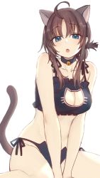 Rule 34 | 1girl, ahoge, animal ears, bare arms, bare shoulders, bell, black bra, black choker, black panties, blue eyes, bra, brown hair, cat cutout, cat ear panties, cat ears, cat girl, cat lingerie, cat tail, choker, cleavage cutout, clothing cutout, collarbone, commentary, frilled bra, frills, groin, highres, jingle bell, long hair, looking at viewer, meme attire, nagami yuu, neck bell, open mouth, original, panties, parted bangs, side-tie panties, simple background, sitting, solo, symbol-only commentary, tail, underwear, underwear only, wariza, white background
