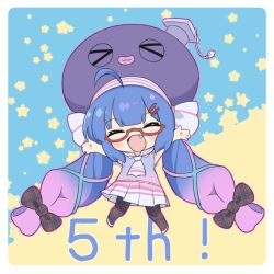 Rule 34 | &gt; &lt;, 1girl, 7takada, ^ ^, absurdly long hair, ahoge, arms up, black bow, black pantyhose, blue background, blue eyes, blue hair, bow, braid, chibi, closed eyes, eel hat, facing viewer, fang, full body, glasses, gradient hair, hair bow, hair ornament, hair ribbon, hairclip, hat, jumping, long hair, low-braided long hair, low-tied long hair, miniskirt, multicolored hair, neckerchief, otomachi una, otomachi una (talkex), pantyhose, pink hair, pleated skirt, purple hat, red-framed eyewear, ribbon, sailor collar, semi-rimless eyewear, shoes, sidelocks, skirt, skirt set, sleeveless, solo, star (symbol), starry background, tress ribbon, twin braids, twintails, two-tone background, two-tone hair, under-rim eyewear, very long hair, vocaloid, white footwear, white neckerchief, yellow background