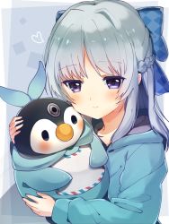 Rule 34 | 1girl, blue bow, blue hair, bow, braid, character request, chunithm, closed mouth, cona kinaco, french braid, hair bow, heart, heart-shaped pupils, highres, holding, hood, hoodie, purple eyes, smile, solo, stuffed animal, stuffed penguin, stuffed toy, symbol-shaped pupils, upper body