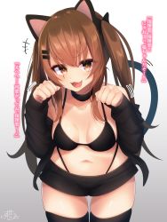Rule 34 | 1girl, :3, animal ears, bad id, bad pixiv id, belly, black bow, black bra, black collar, black panties, black shirt, black shorts, black thighhighs, bow, bra, breasts, brown hair, cat ears, cat tail, clenched hands, collar, commentary request, cowboy shot, fang, girls&#039; frontline, hair bow, hair ornament, hair ribbon, hairclip, happy, head tilt, highres, leaning forward, long hair, long sleeves, looking at viewer, medium breasts, navel, open clothes, open mouth, open shirt, panties, paw pose, ramchi, red eyes, ribbon, scar, scar across eye, scar on face, shirt, short shorts, shorts, simple background, slit pupils, smile, speech bubble, string panties, tail, thighhighs, thighs, translation request, twintails, ump9 (girls&#039; frontline), underwear, white background, yellow pupils